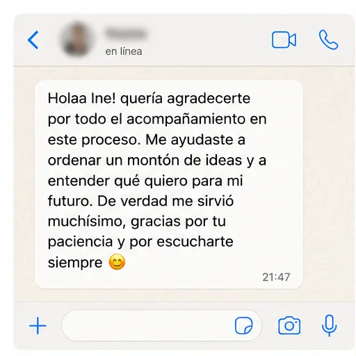Captura de WhatsApp: agradecimiento de un joven tras su proceso de orientación vocacional con Vuelo Propio