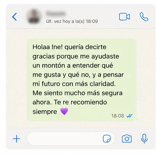 Captura de WhatsApp: agradecimiento de un joven tras su proceso de orientación vocacional con Vuelo Propio